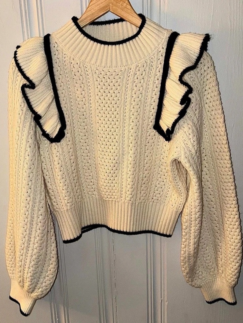 MABLE Lisette Ruffle Shoulder Sweater Cream & Black Small